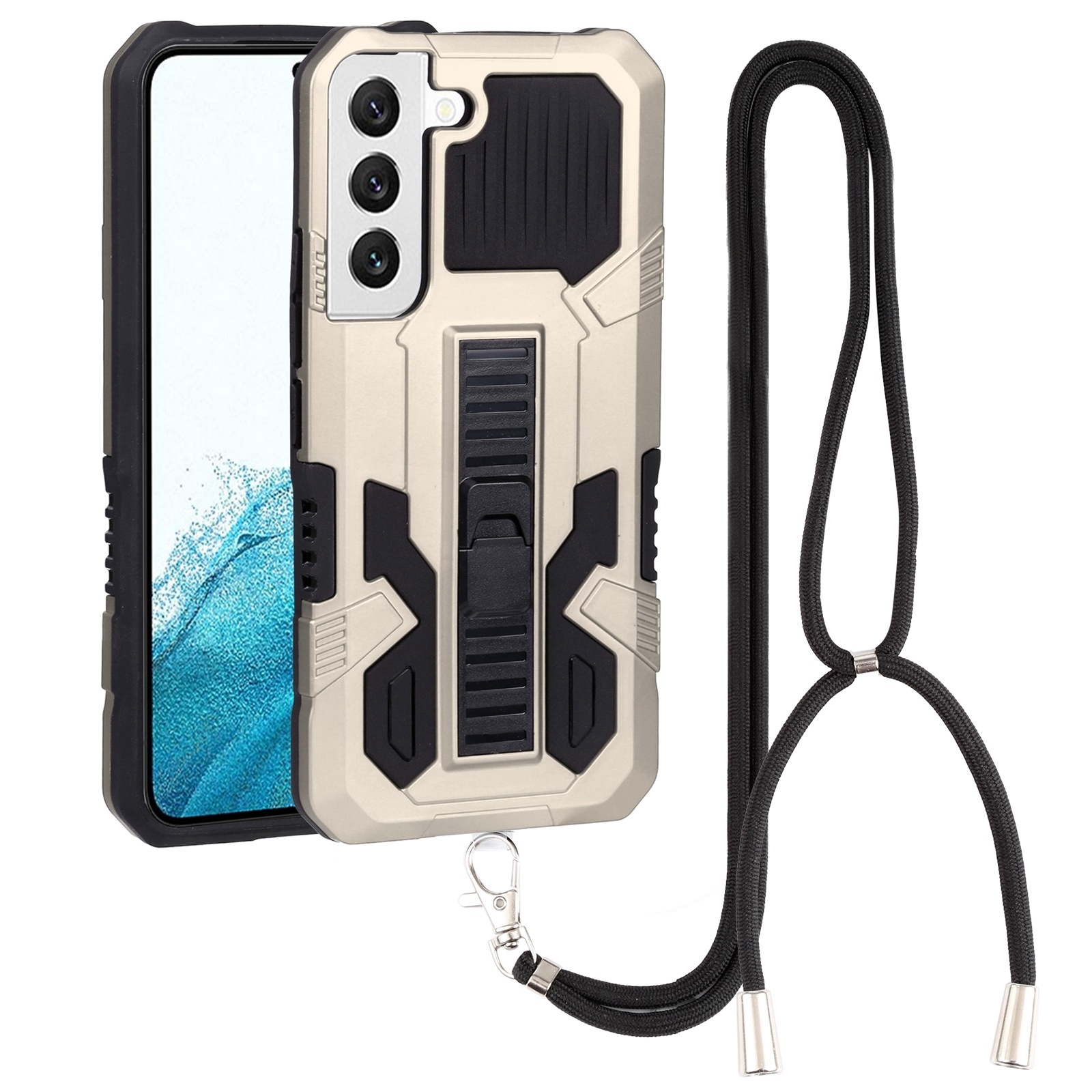 For Samsung Galaxy S22 5G Vanguard Lanyard Kickstand TPU + PC Phone Case(Gold) For Samsung Galaxy S22 5G Vanguard Lanyard Kickstand TPU + PC Phone Case(Gold)