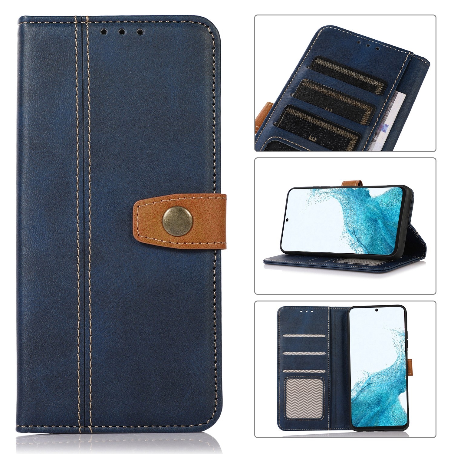 For Samsung Galaxy S22+ 5G Stitching Thread Calf Texture Leather Phone Case(Blue) For Samsung Galaxy S22+ 5G Stitching Thread Calf Texture Leather Phone Case(Blue)