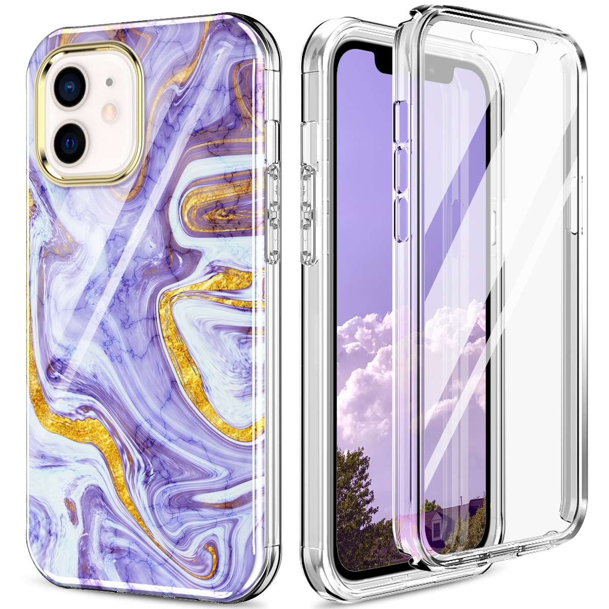 For iPhone 12 mini 360 Full Body Painted Phone Case (Marble L14)