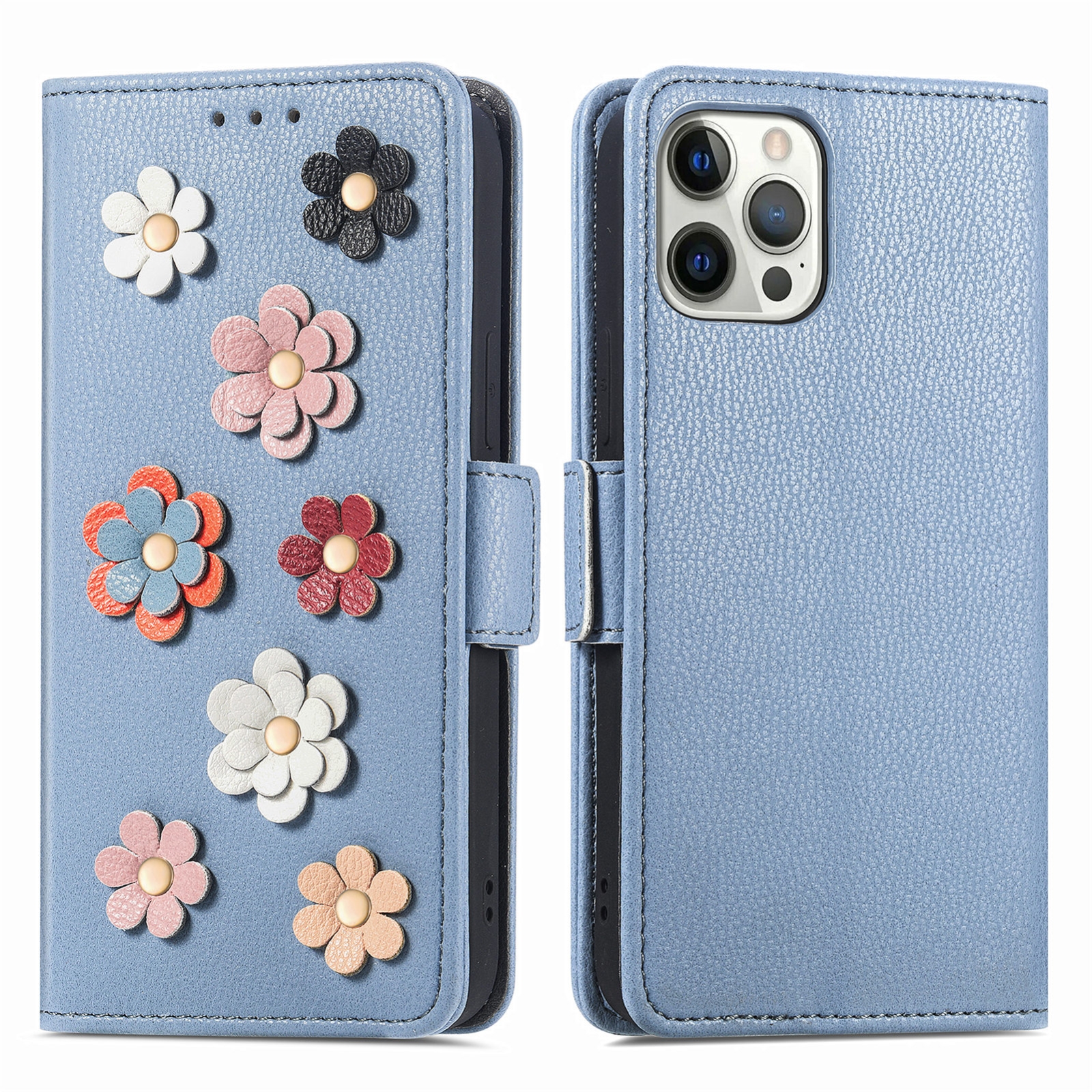 Stereoscopic Flowers Leather Phone Case For iPhone 12 / 12 Pro(Blue) Stereoscopic Flowers Leather Phone Case For iPhone 12 / 12 Pro(Blue)