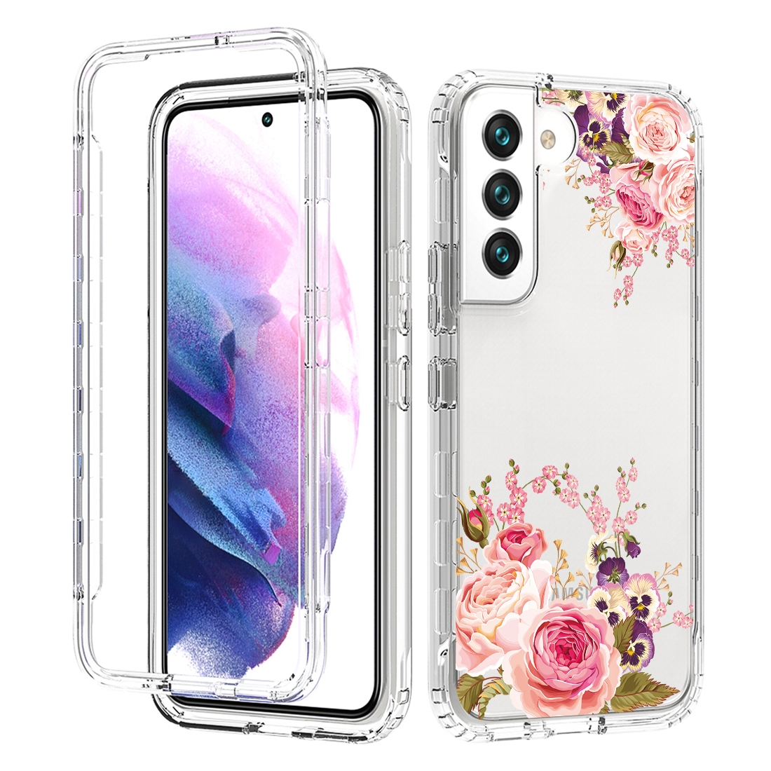 For Samsung Galaxy S22 5G PC+TPU Transparent Painted Phone Case(Pink Rose) For Samsung Galaxy S22 5G PC+TPU Transparent Painted Phone Case(Pink Rose)