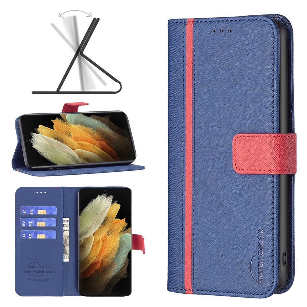 For Samsung Galaxy S21 Ultra 5G BF13 Color Matching Cross Texture Leather Phone Case(Blue) For Samsung Galaxy S21 Ultra 5G BF13 Color Matching Cross Texture Leather Phone Case(Blue)
