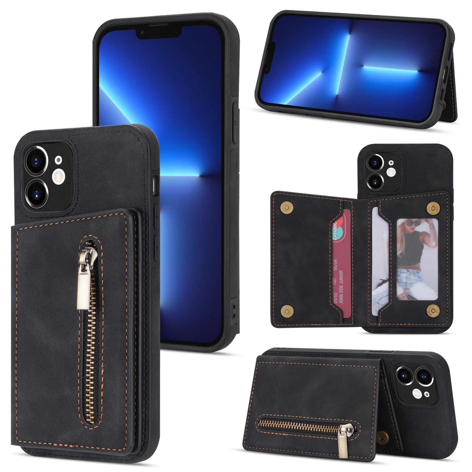 For iPhone 12 mini Zipper Card Holder Phone Case (Black)