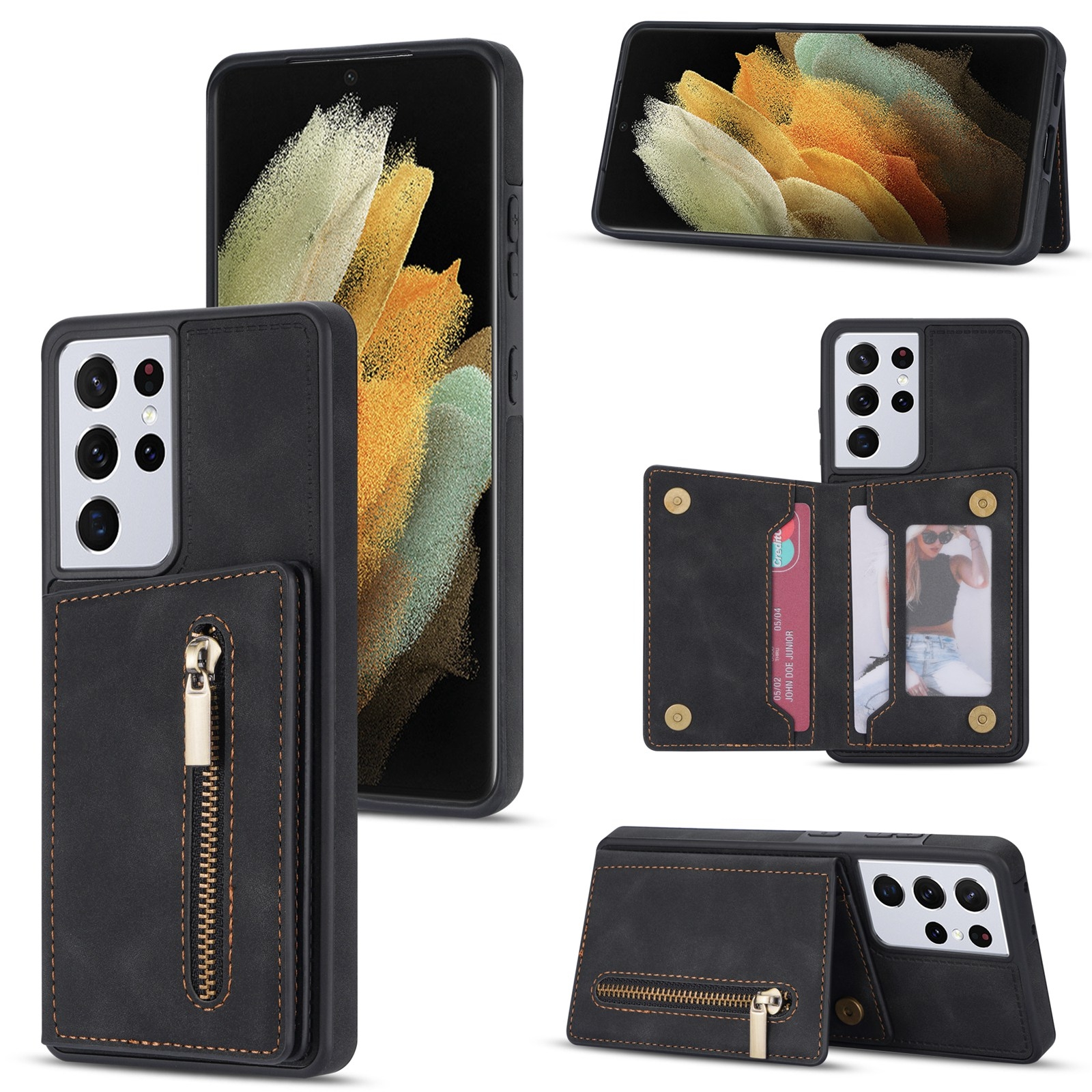 For Samsung Galaxy S21 Ultra 5G Zipper Card Holder Phone Case(Black) For Samsung Galaxy S21 Ultra 5G Zipper Card Holder Phone Case(Black)