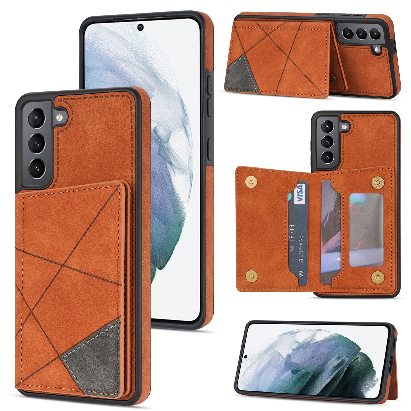 For Samsung Galaxy S21 5G Line Card Holder Phone Case(Brown) For Samsung Galaxy S21 5G Line Card Holder Phone Case(Brown)