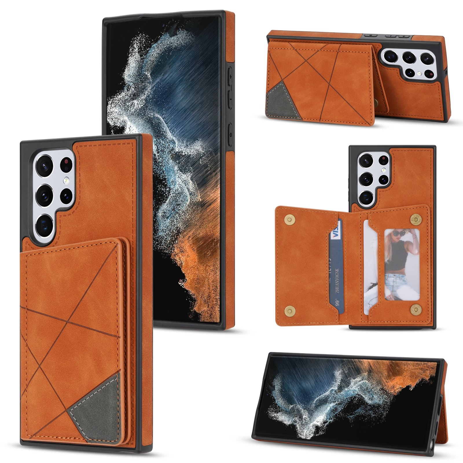For Samsung Galaxy S22 Ultra 5G Line Card Holder Phone Case(Brown) For Samsung Galaxy S22 Ultra 5G Line Card Holder Phone Case(Brown)