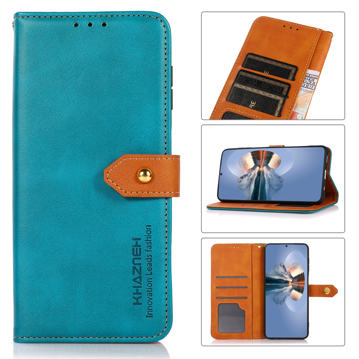 KHAZNEH Dual-color Cowhide Texture Flip Leather Phone Case For iPhone 15(Blue) KHAZNEH Dual-color Cowhide Texture Flip Leather Phone Case For iPhone 15(Blue)