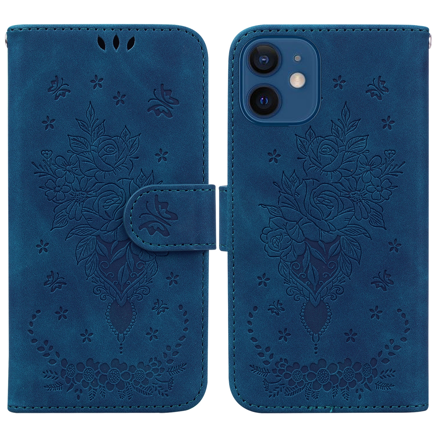 For iPhone 12 / 12 Pro Butterfly Rose Embossed Leather Phone Case(Blue) For iPhone 12 / 12 Pro Butterfly Rose Embossed Leather Phone Case(Blue)