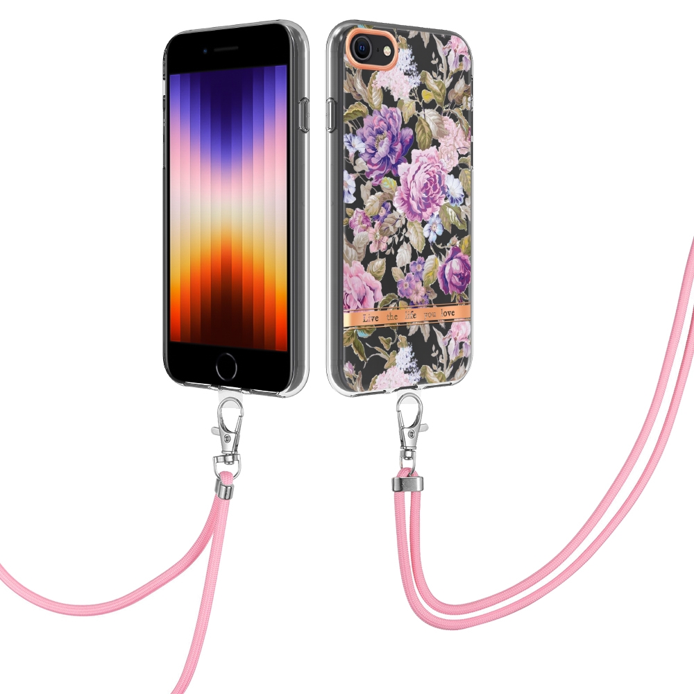 For iPhone SE 2022/SE 2020/8/7 Flowers Series TPU Phone Case with Lanyard(Purple Peony) For iPhone SE 2022/SE 2020/8/7 Flowers Series TPU Phone Case with Lanyard(Purple Peony)