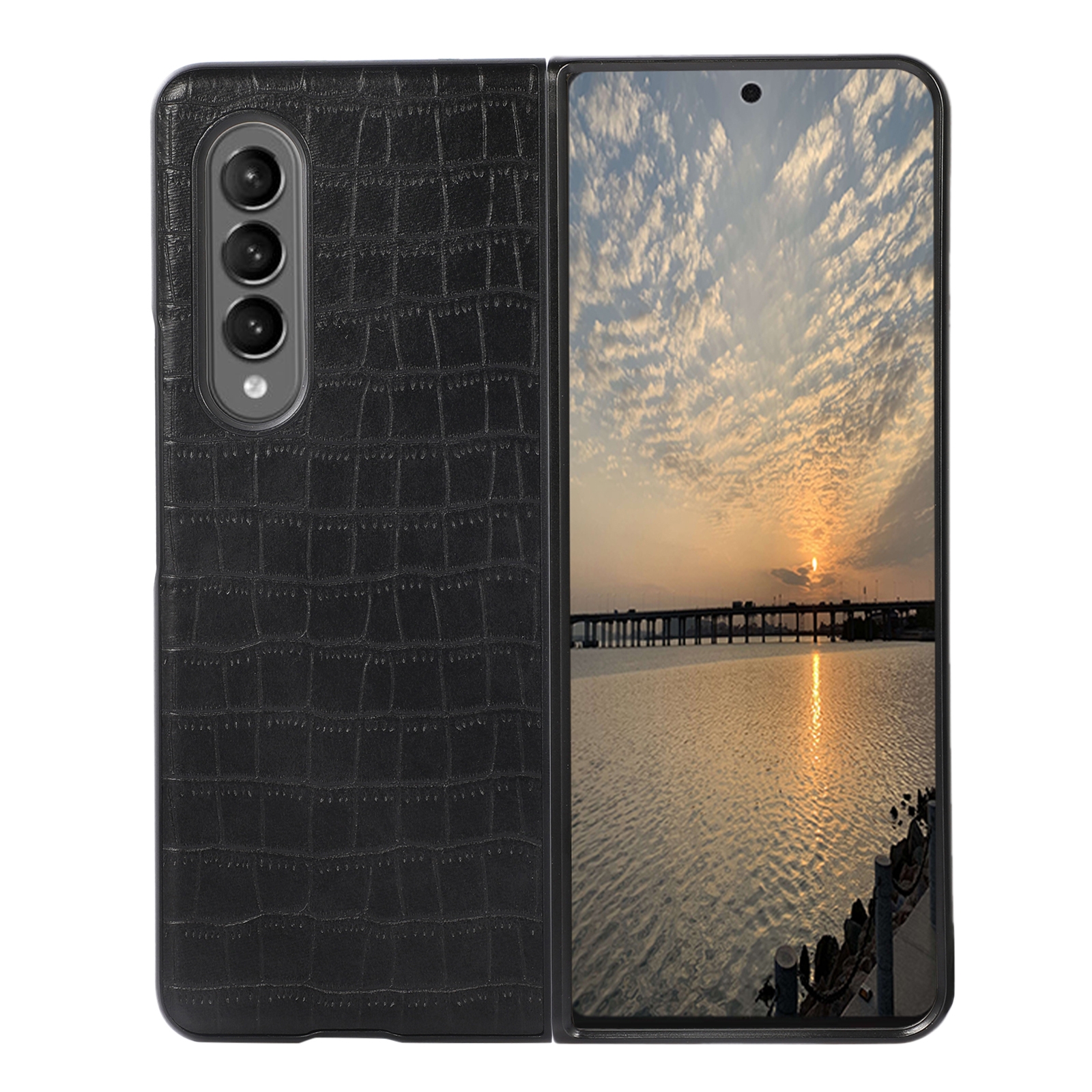 For Samsung Galaxy Z Fold4 Crocodile Texture PU Leather Protective Phone Case(Black) For Samsung Galaxy Z Fold4 Crocodile Texture PU Leather Protective Phone Case(Black)