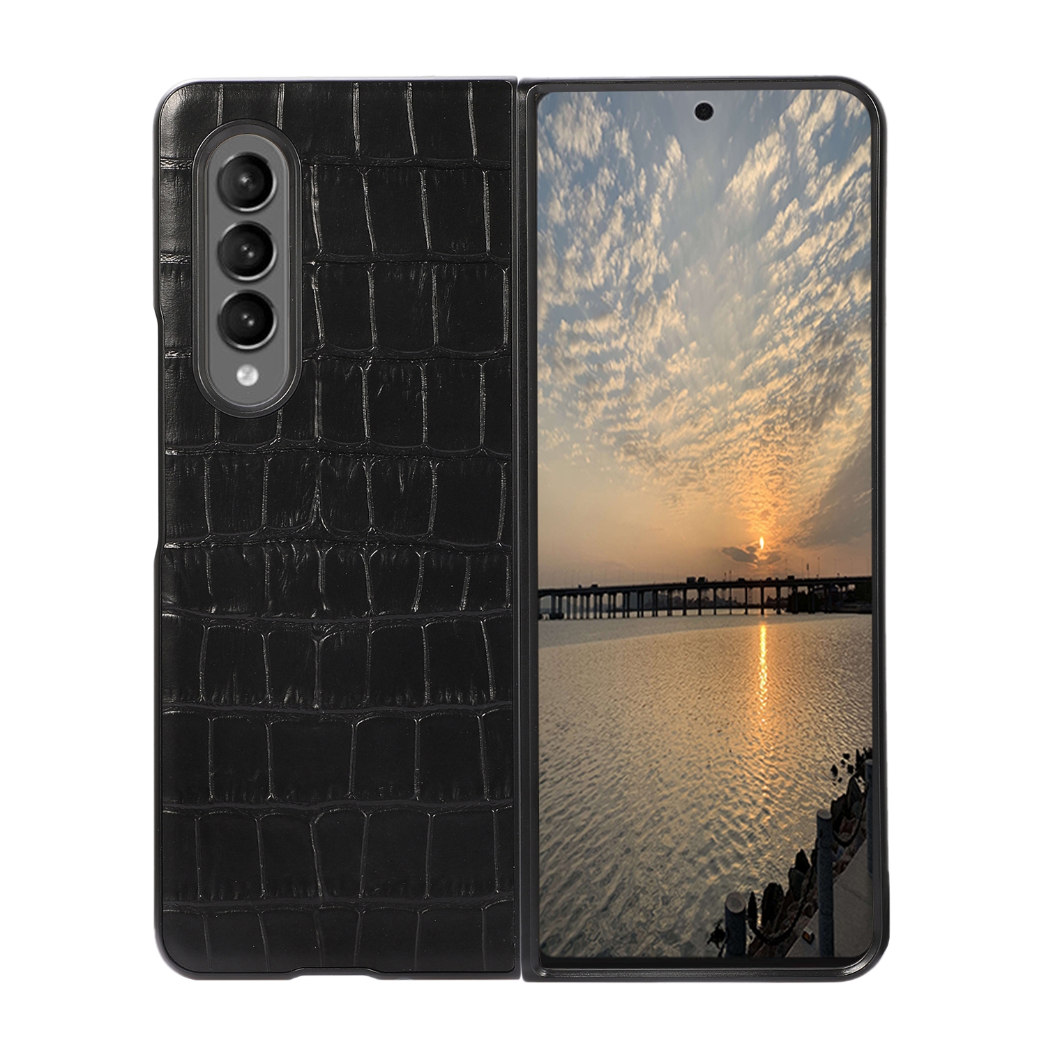 For Samsung Galaxy Z Fold4 Crocodile Texture Genuine Leather Phone Case(Black) For Samsung Galaxy Z Fold4 Crocodile Texture Genuine Leather Phone Case(Black)