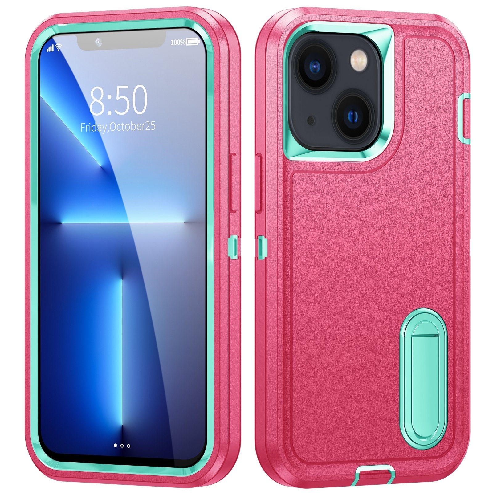 For iPhone 14 Plus 3 in 1 Rugged Holder Phone Case (Pink + Blue) For iPhone 14 Plus 3 in 1 Rugged Holder Phone Case (Pink + Blue)