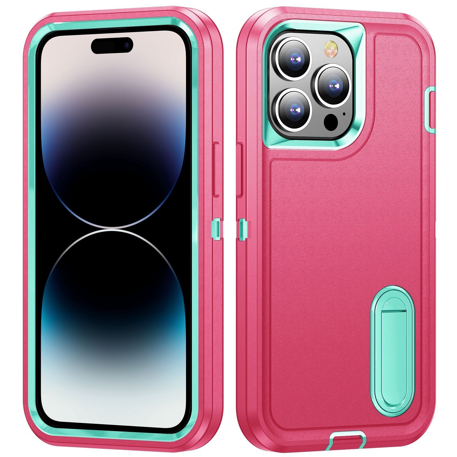 For iPhone 14 Pro Max 3 in 1 Rugged Holder Phone Case (Pink + Blue) For iPhone 14 Pro Max 3 in 1 Rugged Holder Phone Case (Pink + Blue)
