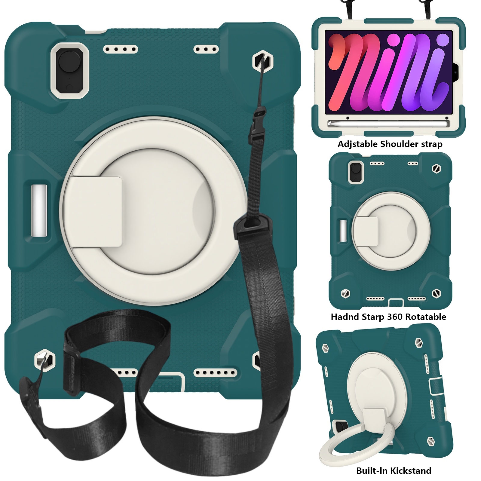 For iPad mini 2021 Silicone + PC Full Body Protection Tablet Case With Holder & Strap(Dark Green)