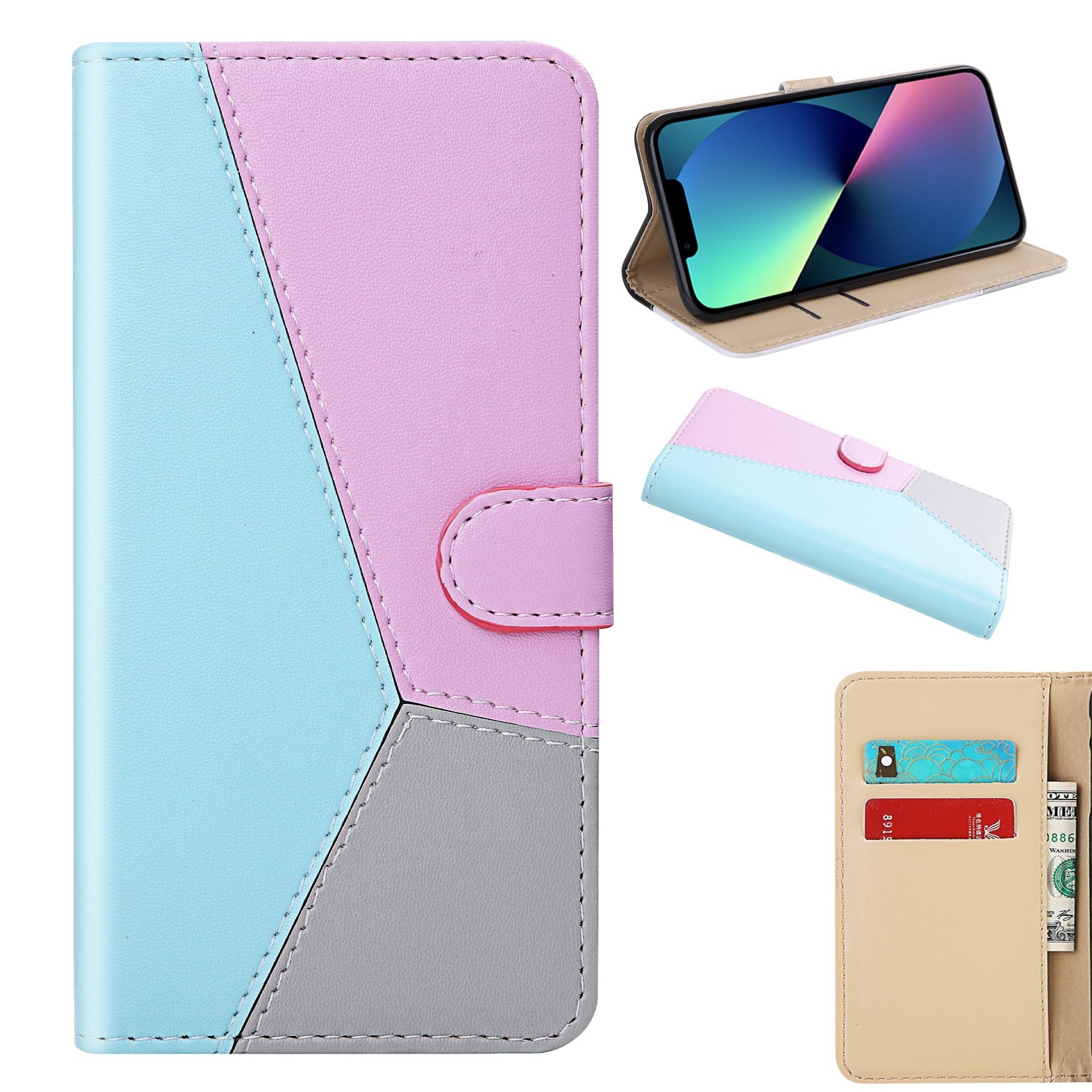 For iPhone 14 Plus Tricolor Stitching Flip Leather Phone Case (Blue) For iPhone 14 Plus Tricolor Stitching Flip Leather Phone Case (Blue)