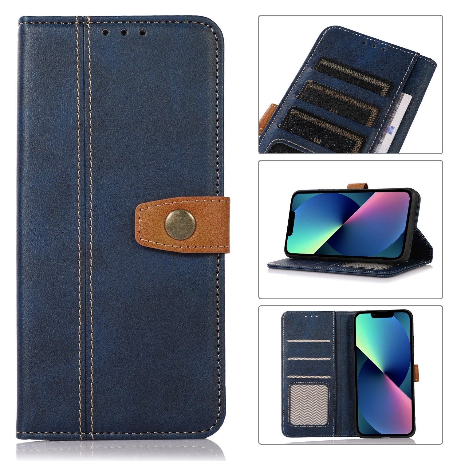 For iPhone 14 Plus Stitching Thread Calf Texture Leather Phone Case (Blue) For iPhone 14 Plus Stitching Thread Calf Texture Leather Phone Case (Blue)