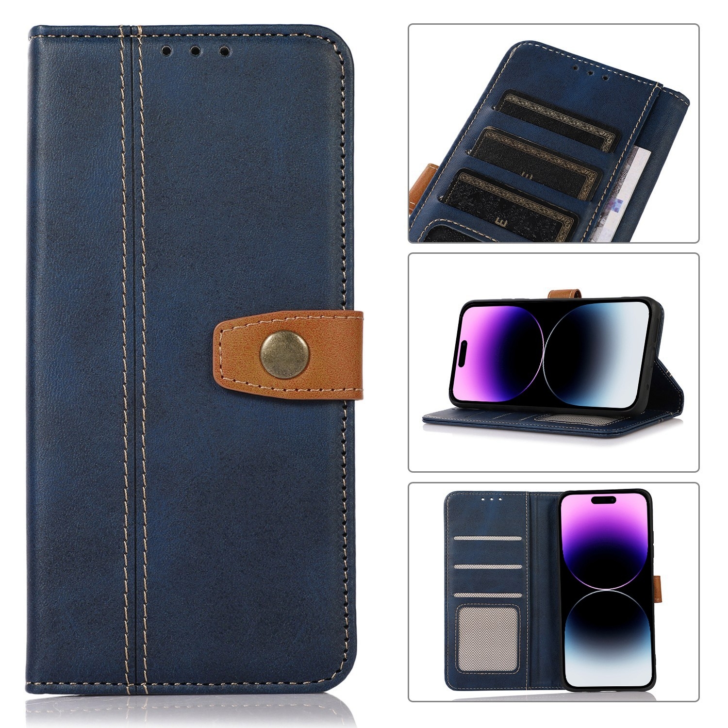 For iPhone 14 Pro Max Stitching Thread Calf Texture Leather Phone Case (Blue) For iPhone 14 Pro Max Stitching Thread Calf Texture Leather Phone Case (Blue)
