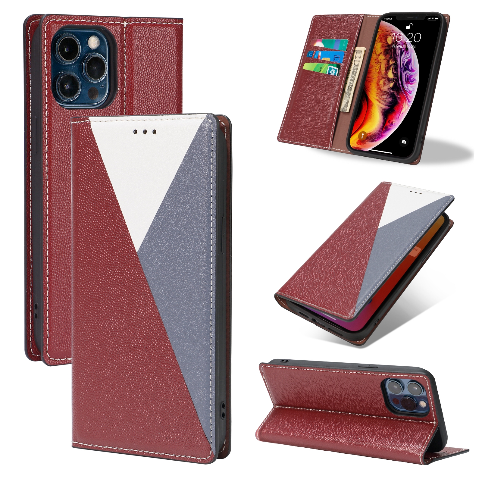 For iPhone 13 3-Splicing Flip Microfiber Leather Phone Case(Red Blue) For iPhone 13 3-Splicing Flip Microfiber Leather Phone Case(Red Blue)