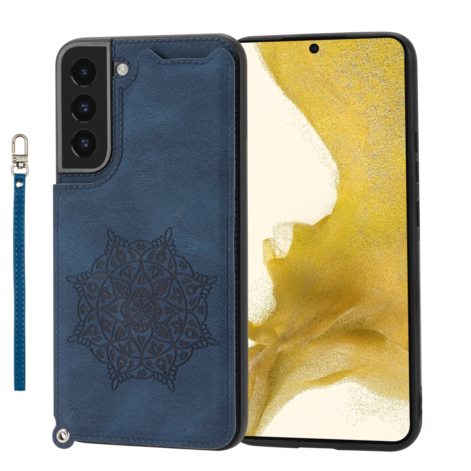 For Samsung Galaxy S22+ Mandala Embossed PU + TPU Phone Case with Holder(Blue) For Samsung Galaxy S22+ Mandala Embossed PU + TPU Phone Case with Holder(Blue)