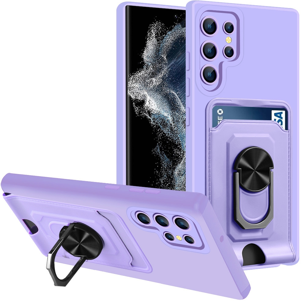 For Samsung Galaxy S22 Ultra 5G Ring Kickstand Card Wallet TPU Phone Case(Purple) For Samsung Galaxy S22 Ultra 5G Ring Kickstand Card Wallet TPU Phone Case(Purple)