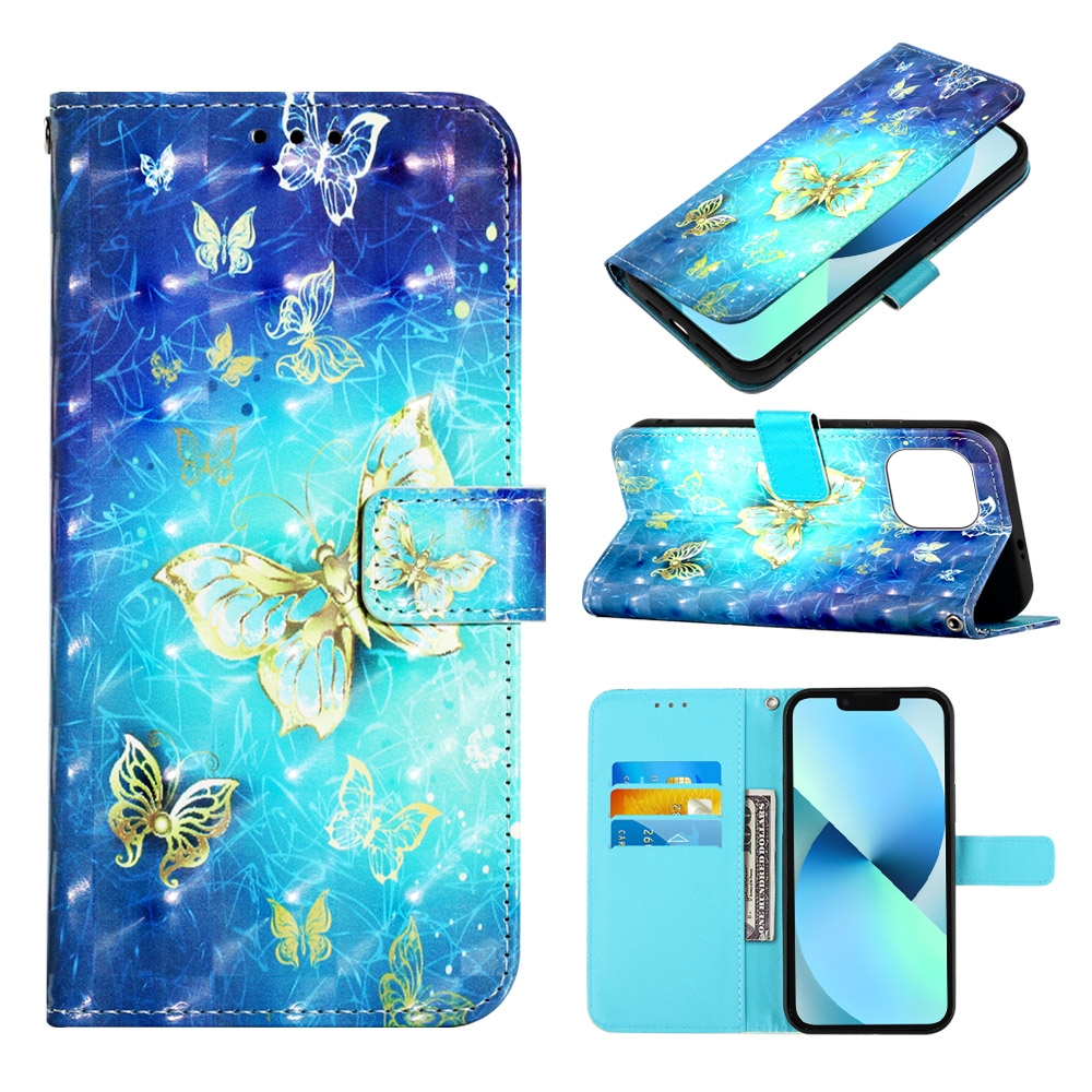For iPhone 14 Plus 3D Painting Horizontal Flip Leather Phone Case (Golden Butterfly)