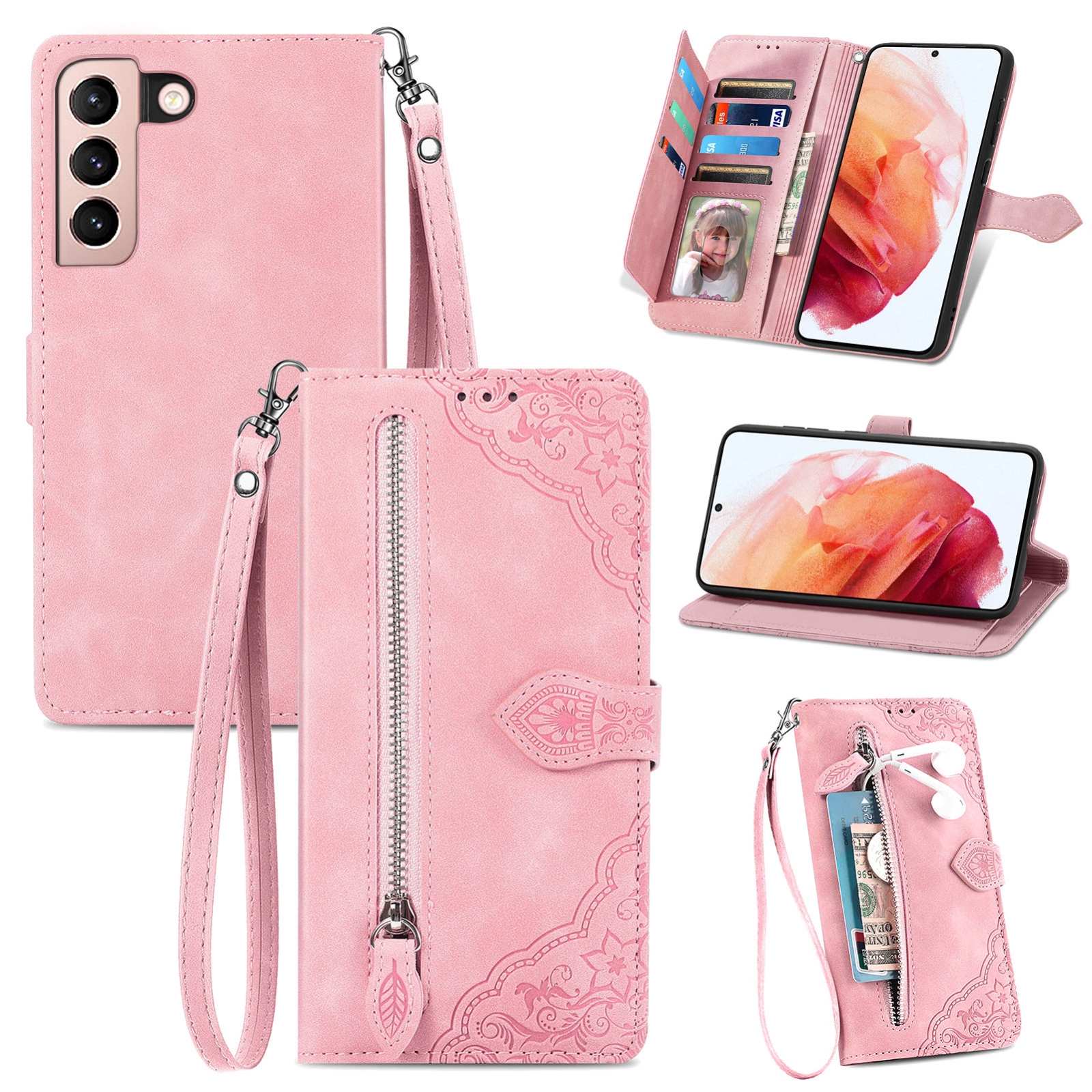 For Samsung Galaxy S21+ 5G Embossed Flower Shockproof Leather Phone Case(Pink) For Samsung Galaxy S21+ 5G Embossed Flower Shockproof Leather Phone Case(Pink)