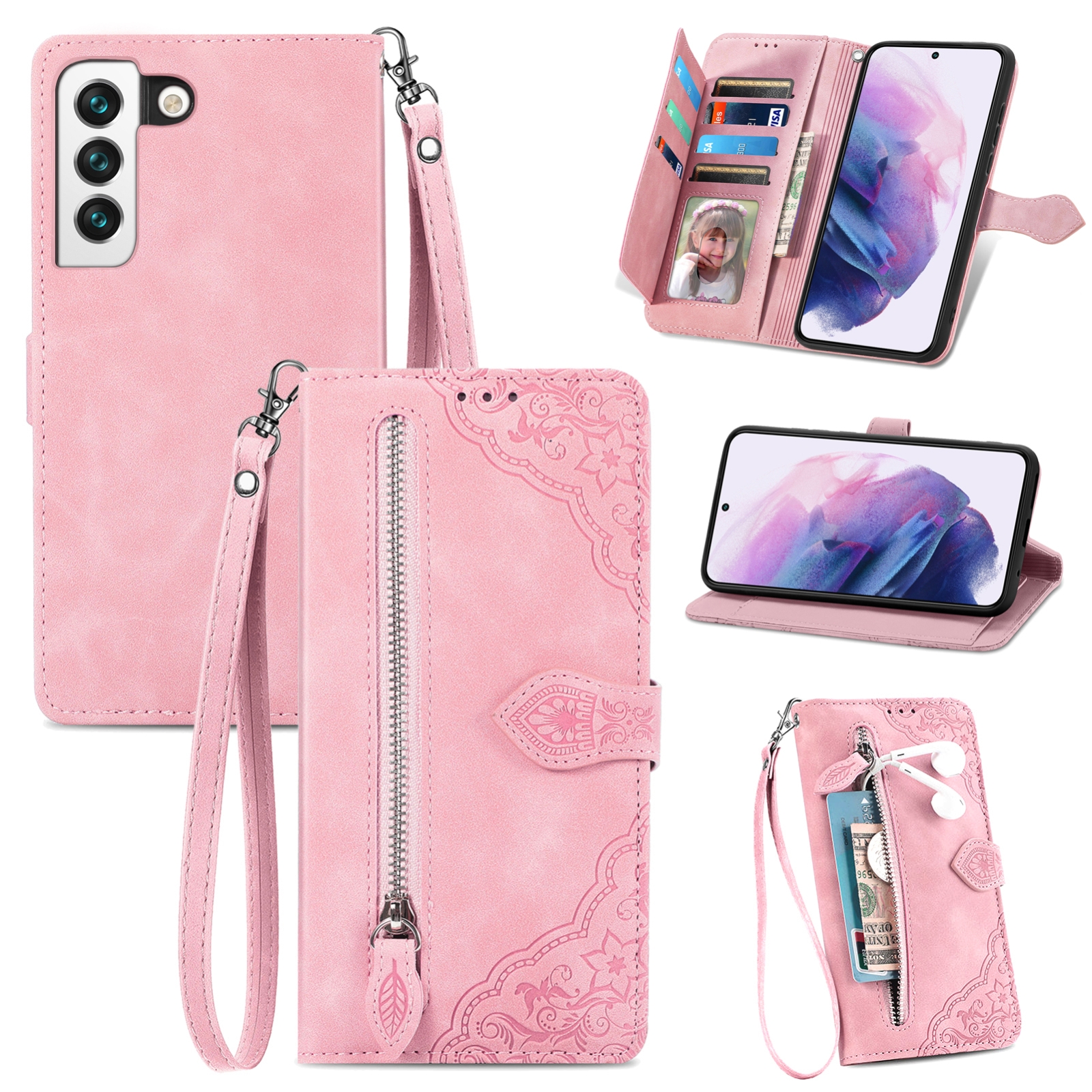 For Samsung Galaxy S22 5G Embossed Flower Shockproof Leather Phone Case(Pink) For Samsung Galaxy S22 5G Embossed Flower Shockproof Leather Phone Case(Pink)