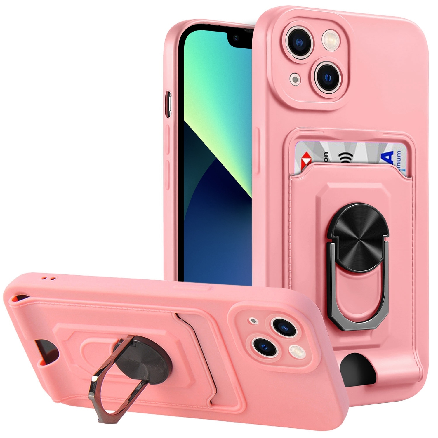 For iPhone 14 Plus Ring Kickstand Card Wallet TPU Phone Case (Pink) For iPhone 14 Plus Ring Kickstand Card Wallet TPU Phone Case (Pink)