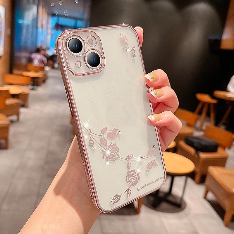 For iPhone 14 Rose Pattern Electroplating Silicone Phone Case (Pink) For iPhone 14 Rose Pattern Electroplating Silicone Phone Case (Pink)