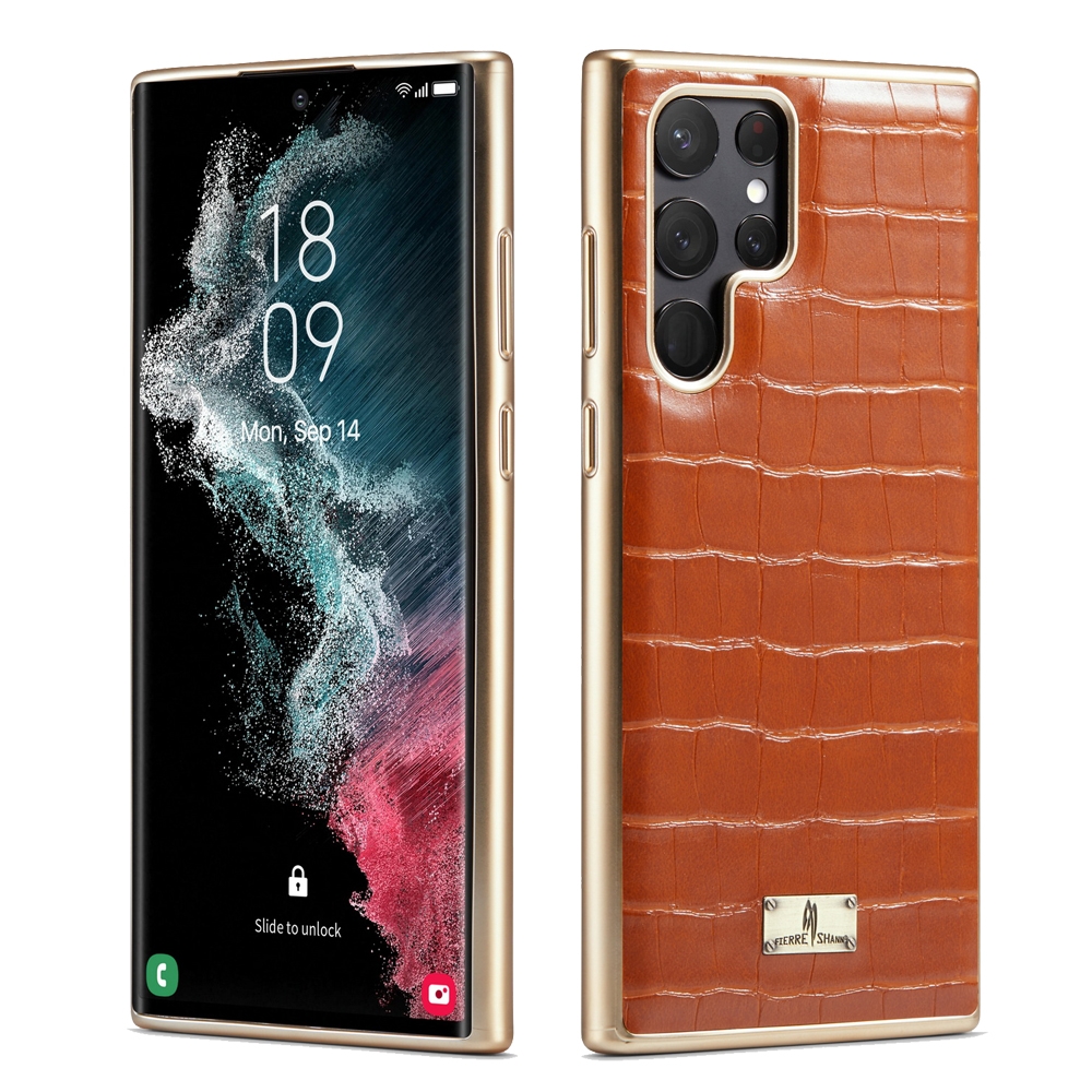 For Samsung Galaxy S22 5G Fierre Shann Crocodile Texture Electroplating PU Phone Case(Brown) For Samsung Galaxy S22 5G Fierre Shann Crocodile Texture Electroplating PU Phone Case(Brown)