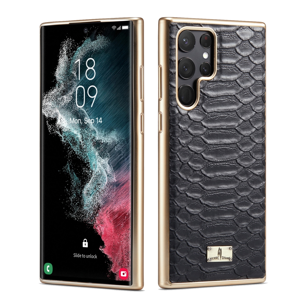 For Samsung Galaxy S22 5G Fierre Shann Python Texture Electroplating PU Phone Case(Black) For Samsung Galaxy S22 5G Fierre Shann Python Texture Electroplating PU Phone Case(Black)