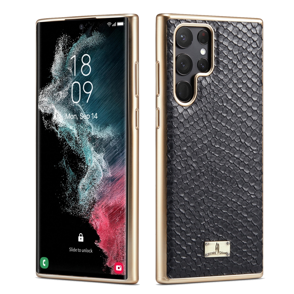 For Samsung Galaxy S22 5G Fierre Shann Snake Texture Electroplating PU Phone Case(Black) For Samsung Galaxy S22 5G Fierre Shann Snake Texture Electroplating PU Phone Case(Black)