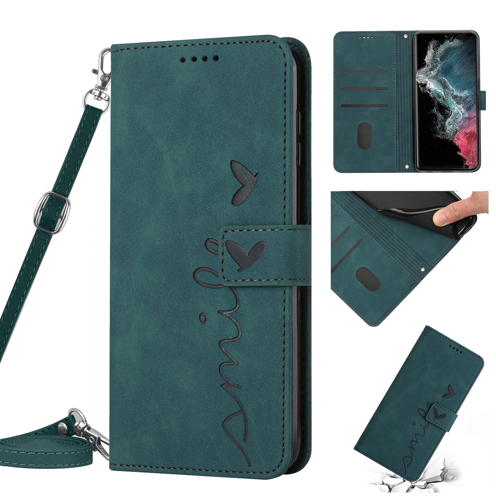 For Samsung Galaxy S22 Ultra Skin Feel Heart Pattern Leather Phone Case With Lanyard(Green) For Samsung Galaxy S22 Ultra Skin Feel Heart Pattern Leather Phone Case With Lanyard(Green)