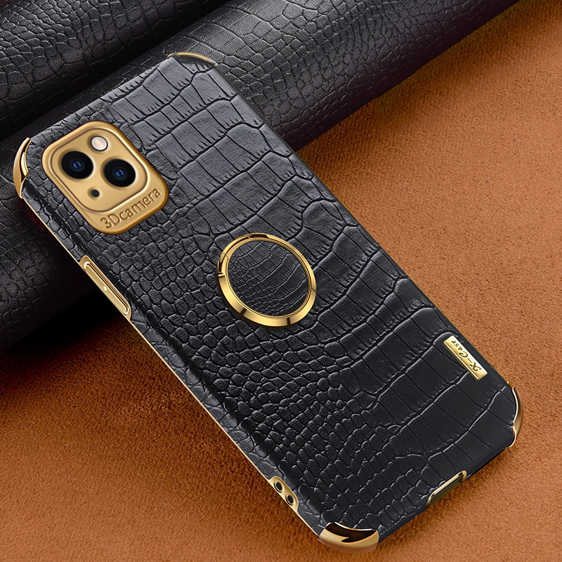 For iPhone 14 6D Electroplating Crocodile Texture Phone Case With Holder (Black) For iPhone 14 6D Electroplating Crocodile Texture Phone Case With Holder (Black)