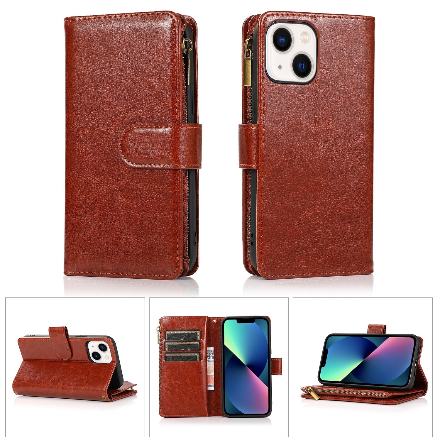 For iPhone 14 Multifunctional 9 Card Slots Leather Case (Brown) For iPhone 14 Multifunctional 9 Card Slots Leather Case (Brown)