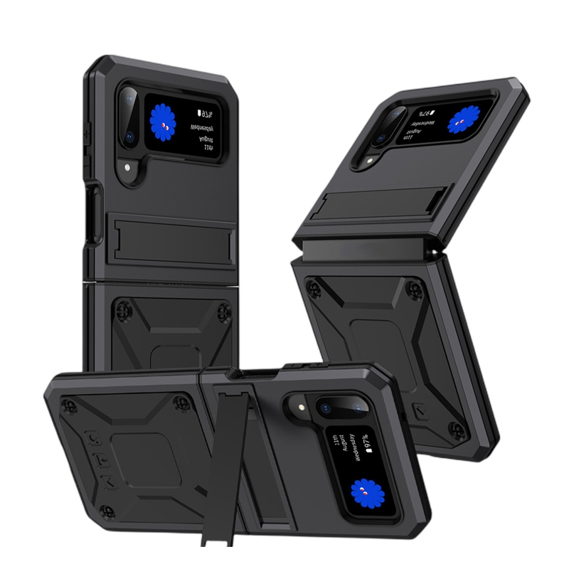 For Samsung Galaxy Z Flip4 Metal Shock-proof Phone Case With Holder(Black) For Samsung Galaxy Z Flip4 Metal Shock-proof Phone Case With Holder(Black)