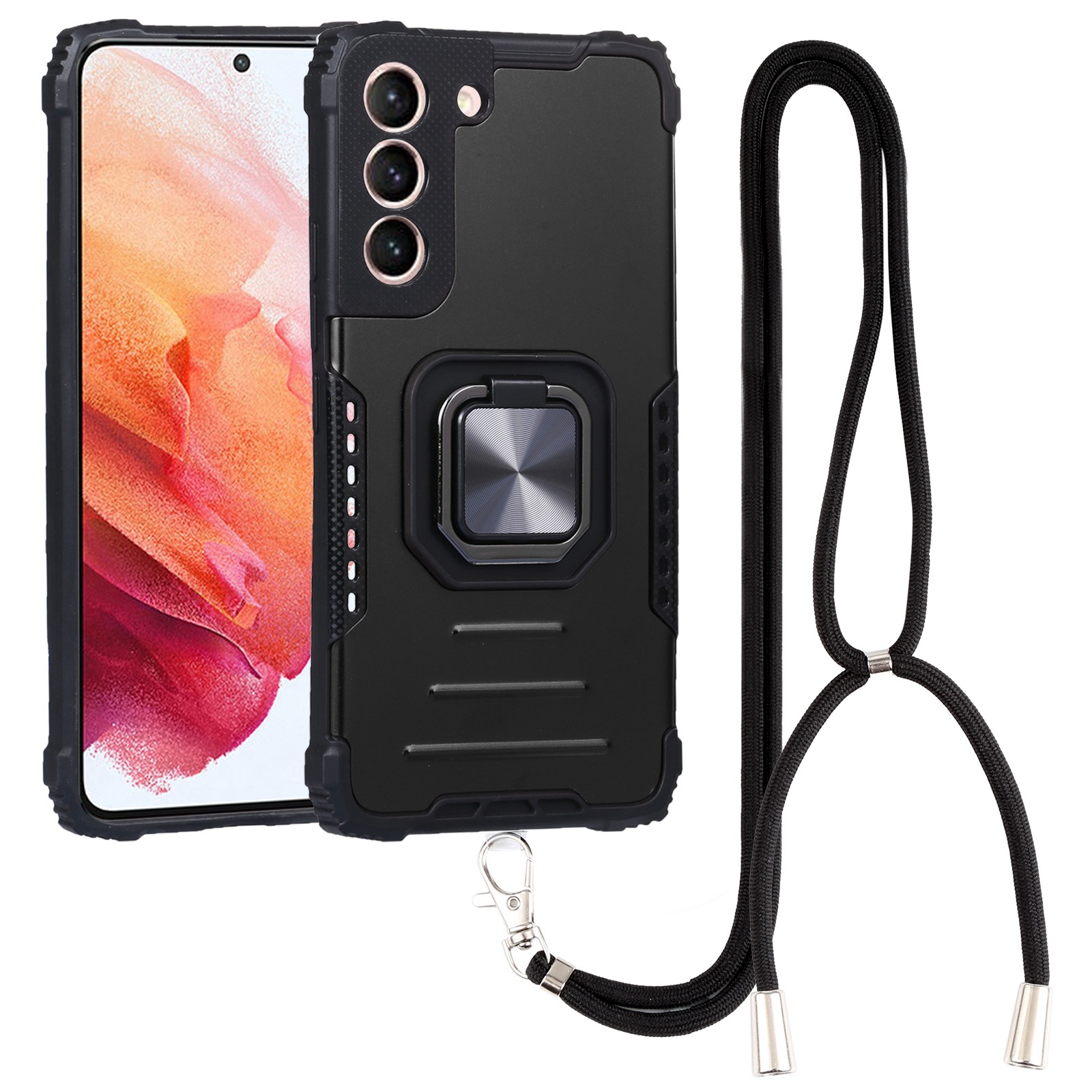 For Samsung Galaxy S22 5G Lanyard Aluminum and TPU Phone Case(Black) For Samsung Galaxy S22 5G Lanyard Aluminum and TPU Phone Case(Black)
