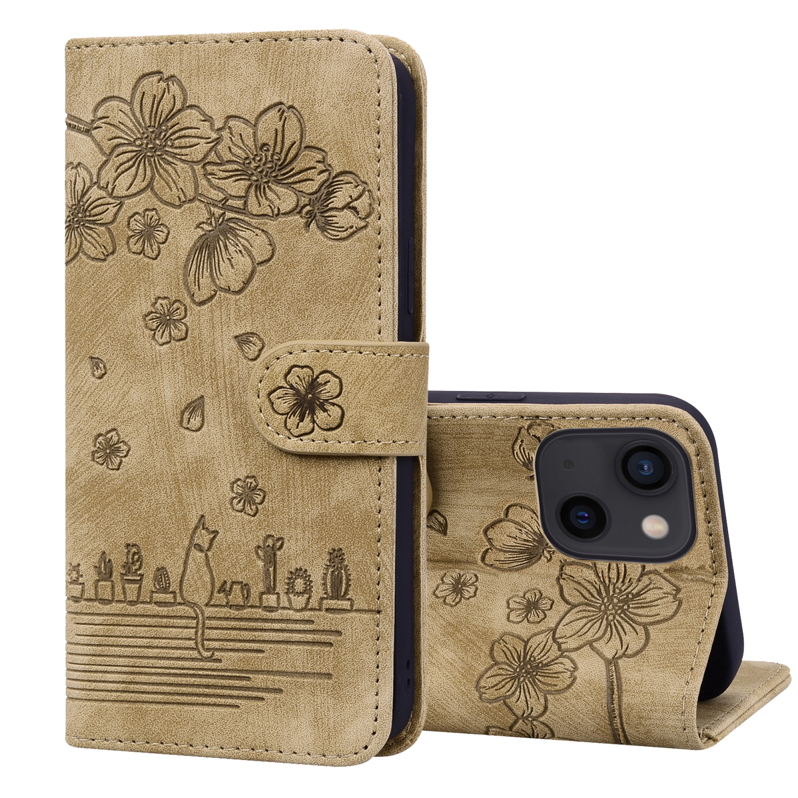 For iPhone 13 mini Cartoon Sakura Cat Embossed Leather Case (Brown) For iPhone 13 mini Cartoon Sakura Cat Embossed Leather Case (Brown)
