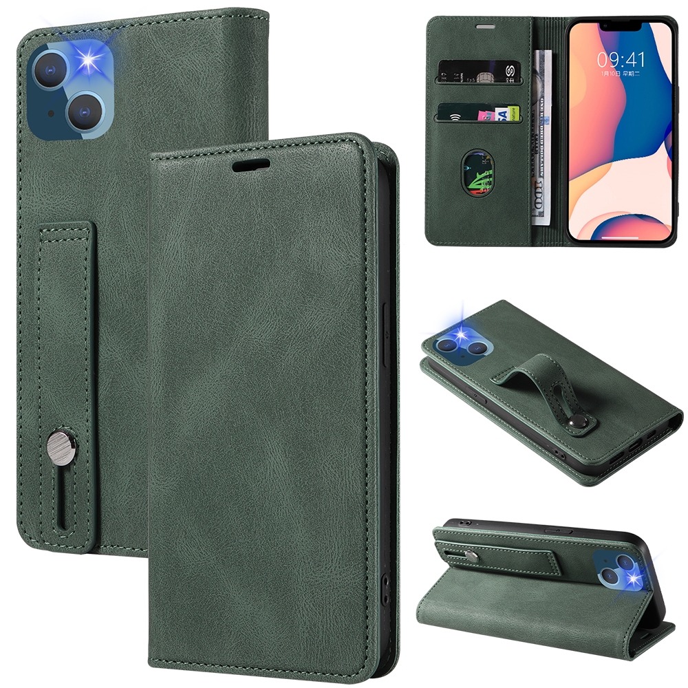 For iPhone 14 Wristband Magnetic Leather Phone Case (Green) For iPhone 14 Wristband Magnetic Leather Phone Case (Green)