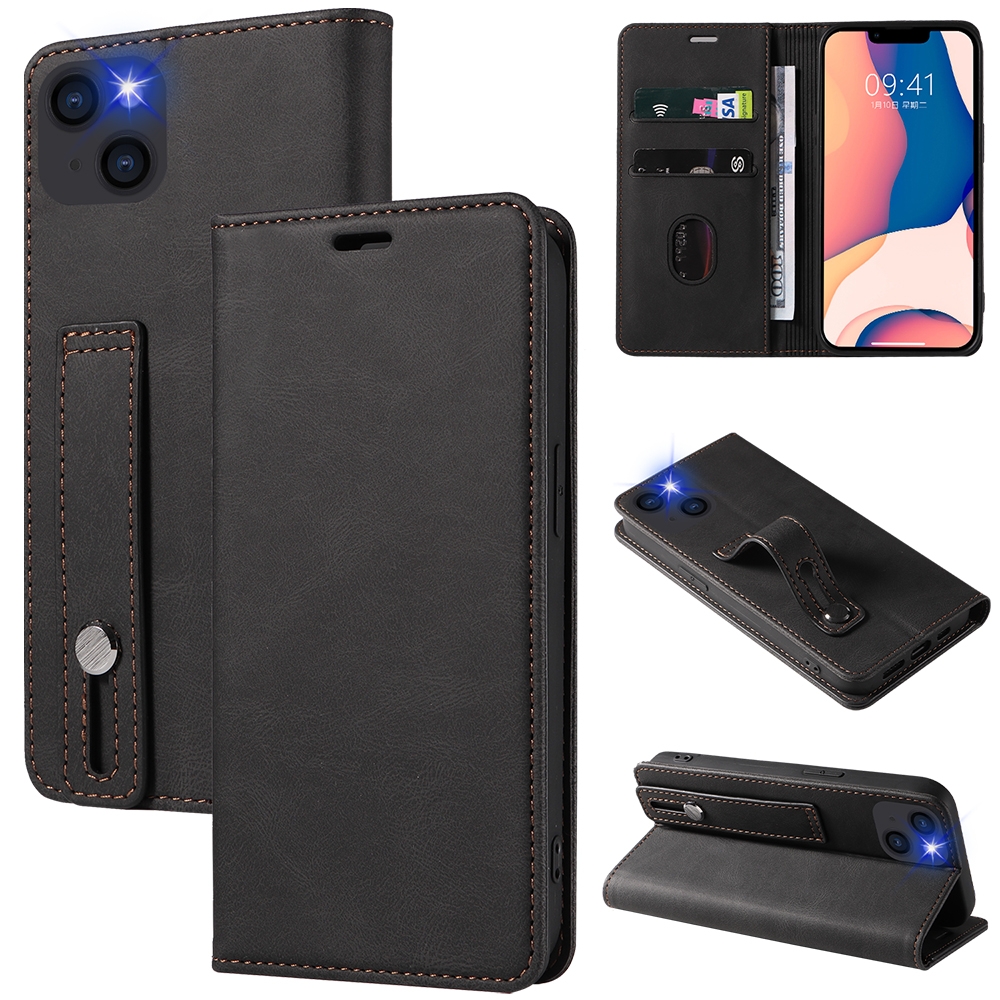 For iPhone 14 Plus Wristband Magnetic Leather Phone Case (Black) For iPhone 14 Plus Wristband Magnetic Leather Phone Case (Black)