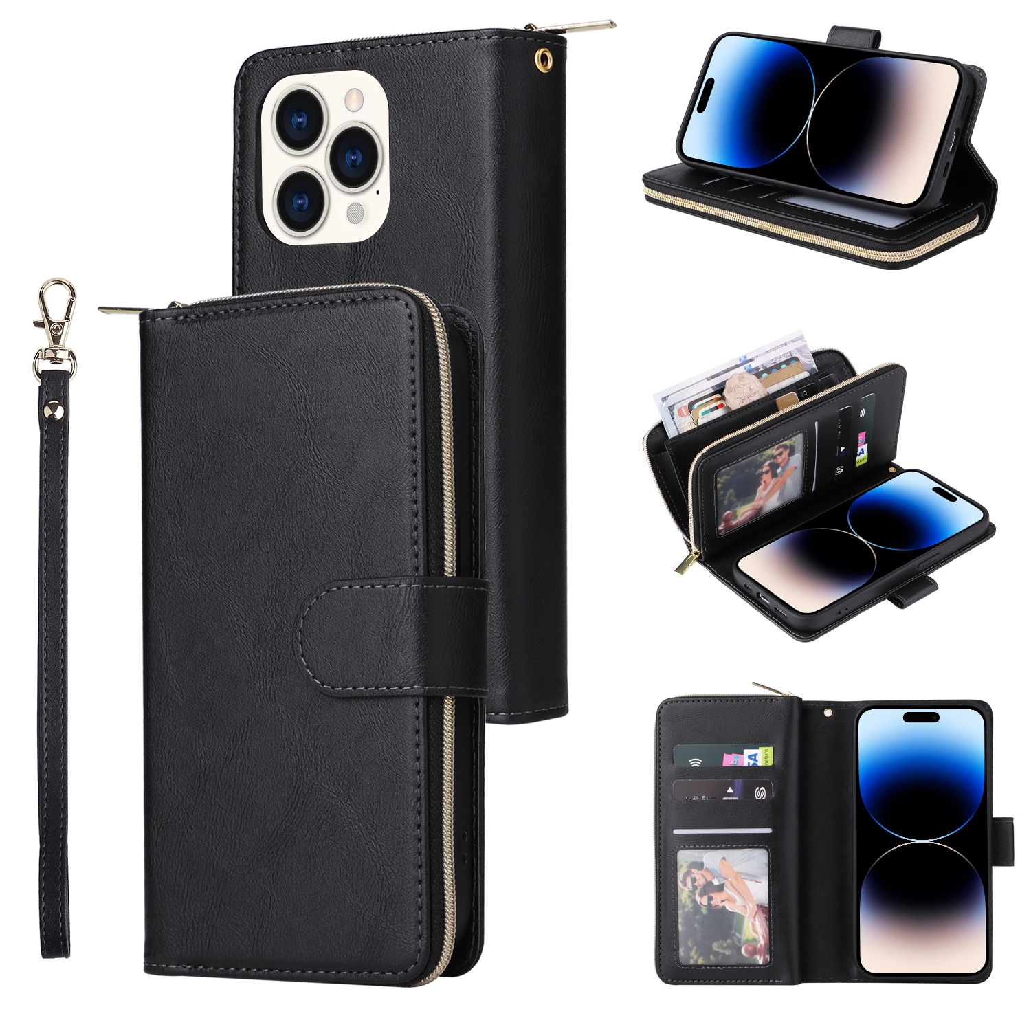 For iPhone 14 Pro 9 Card Slots Zipper Wallet Bag Leather Phone Case(Black) For iPhone 14 Pro 9 Card Slots Zipper Wallet Bag Leather Phone Case(Black)