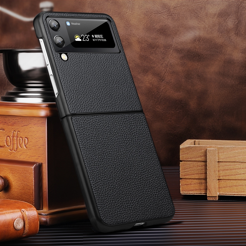 For Samsung Galaxy Z Flip4 Litchi Texture Genuine Leather Phone Case(Black) For Samsung Galaxy Z Flip4 Litchi Texture Genuine Leather Phone Case(Black)