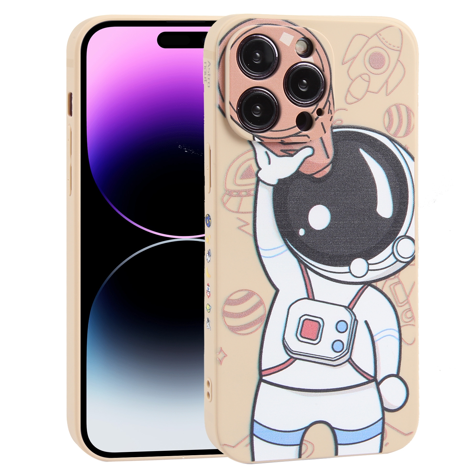 For iPhone 14 Pro Max Spaceman Binoculars Phone Case(Beige + Pink) For iPhone 14 Pro Max Spaceman Binoculars Phone Case(Beige + Pink)