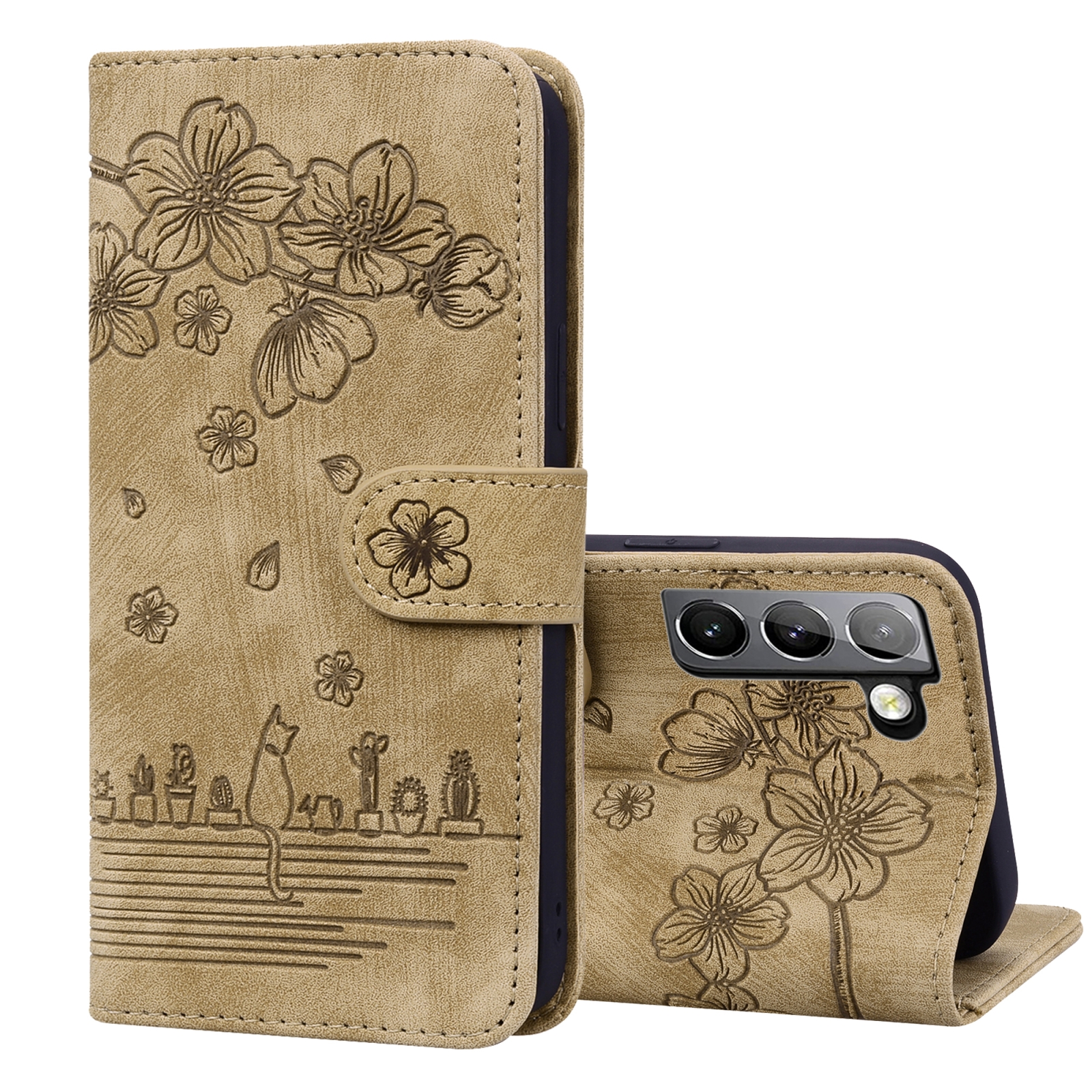For Samsung Galaxy S22 5G Cartoon Sakura Cat Embossed Leather Phone Case(Brown) For Samsung Galaxy S22 5G Cartoon Sakura Cat Embossed Leather Phone Case(Brown)