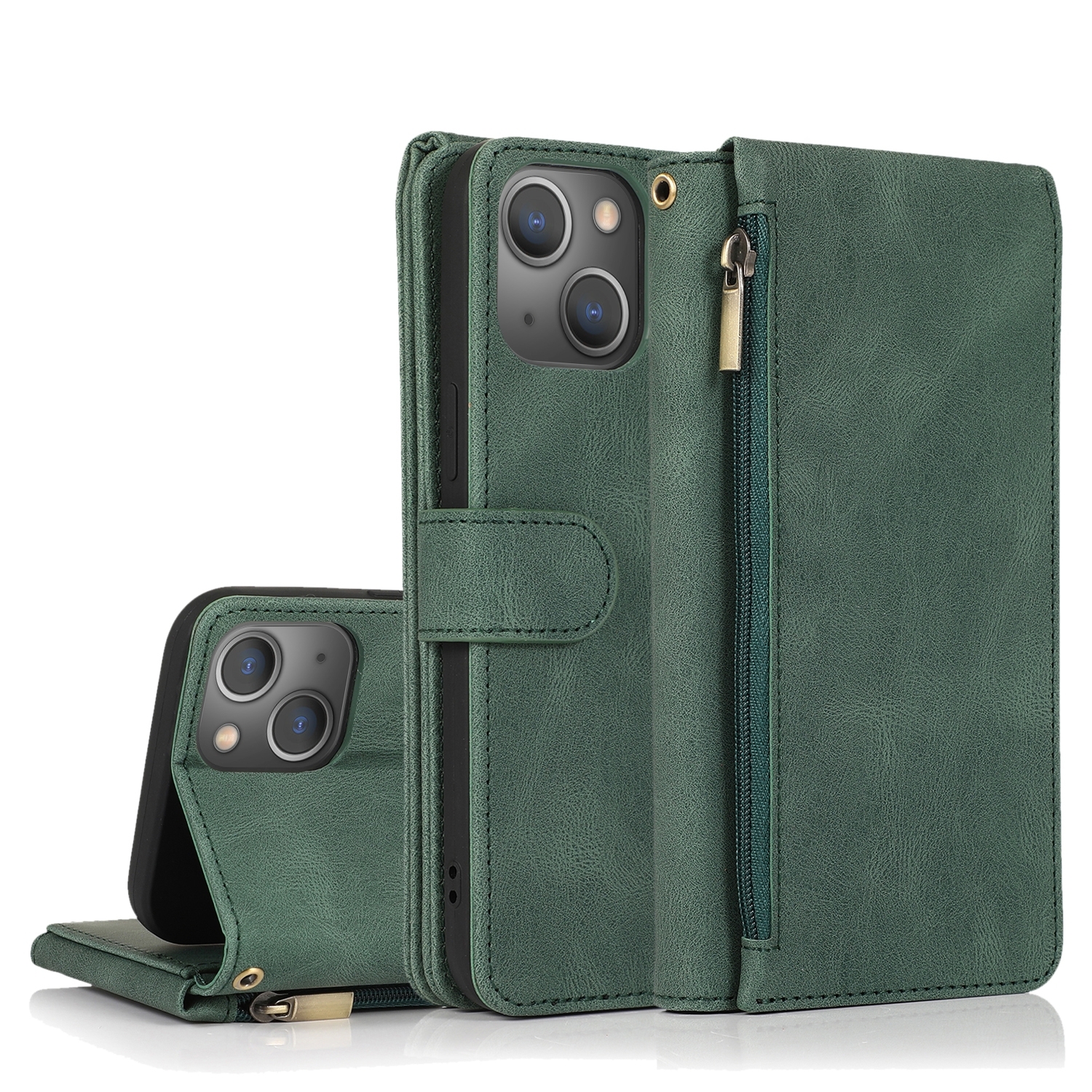 For iPhone 14 Zipper Wallet Bag Leather Case (Dark Green) For iPhone 14 Zipper Wallet Bag Leather Case (Dark Green)