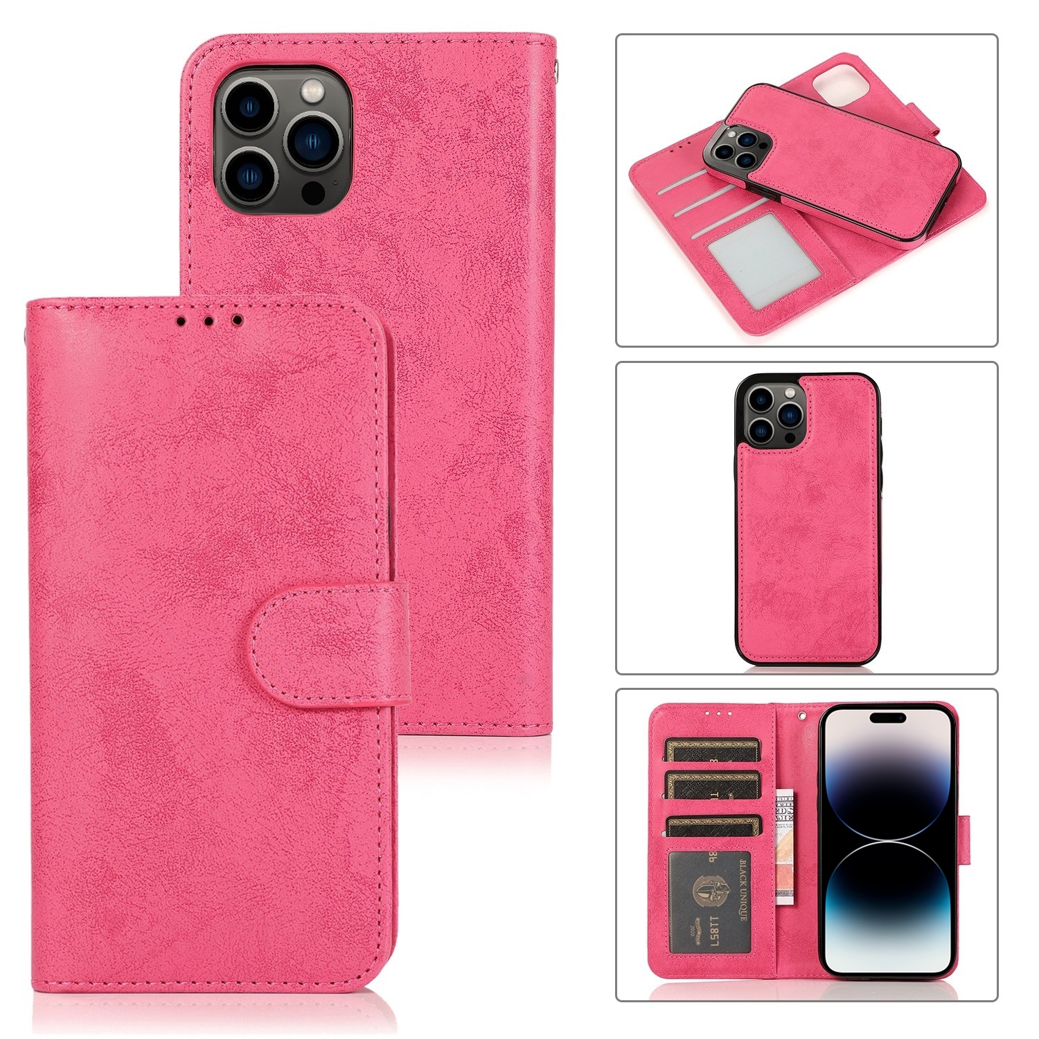 For iPhone 14 Pro 2 in 1 Detachable Leather Case(Pink) For iPhone 14 Pro 2 in 1 Detachable Leather Case(Pink)