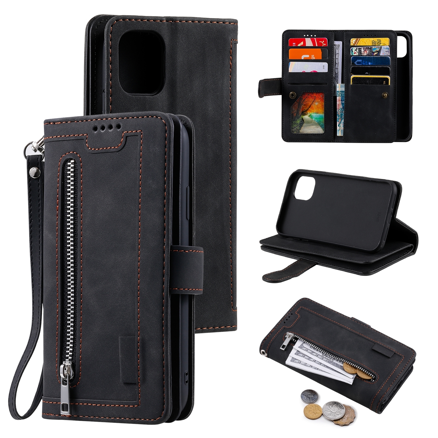 For iPhone 14 Pro 9 Card Slots Zipper Bag Leather Case(Black) For iPhone 14 Pro 9 Card Slots Zipper Bag Leather Case(Black)