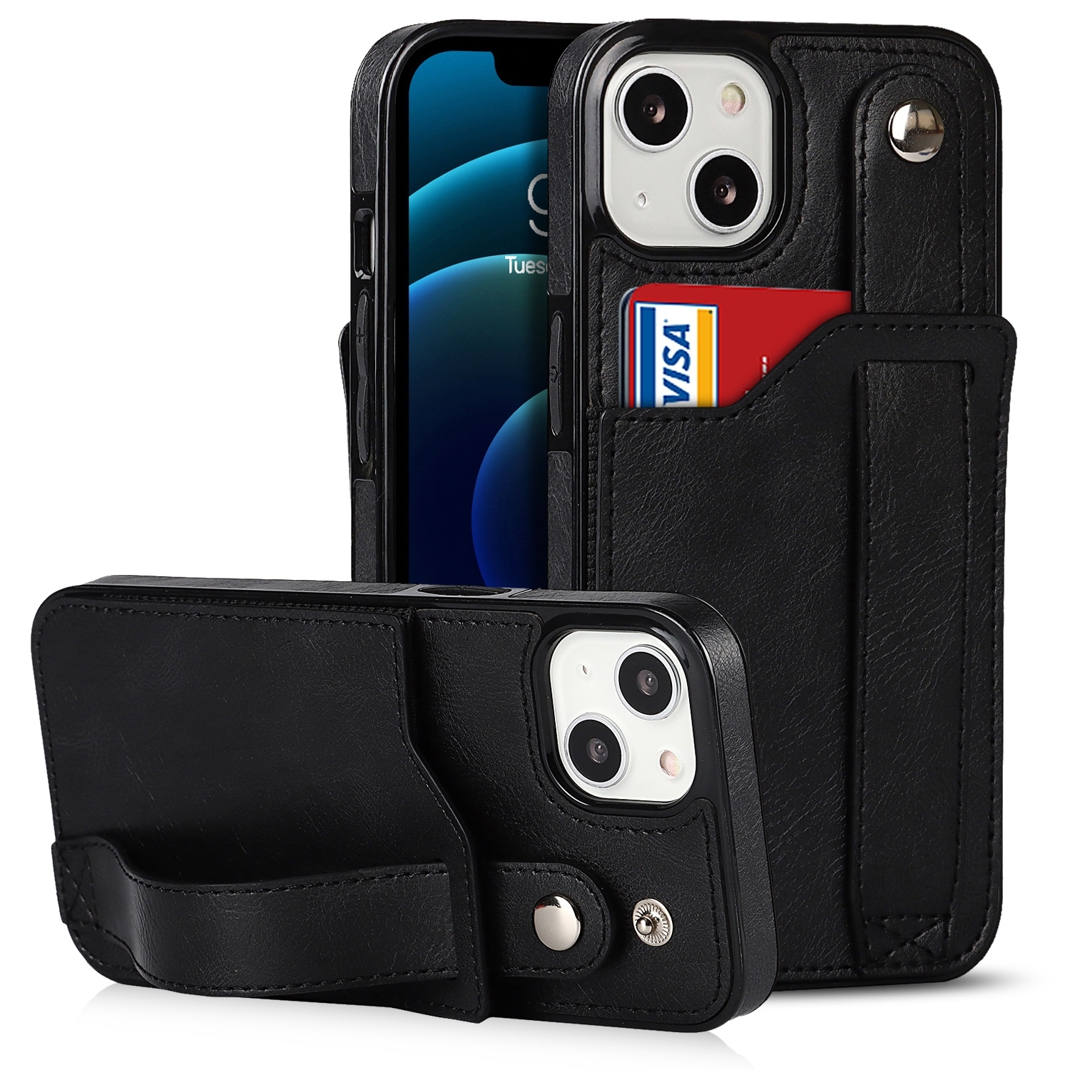 For iPhone 14 Wrist Strap Holder Phone Case (Black) For iPhone 14 Wrist Strap Holder Phone Case (Black)
