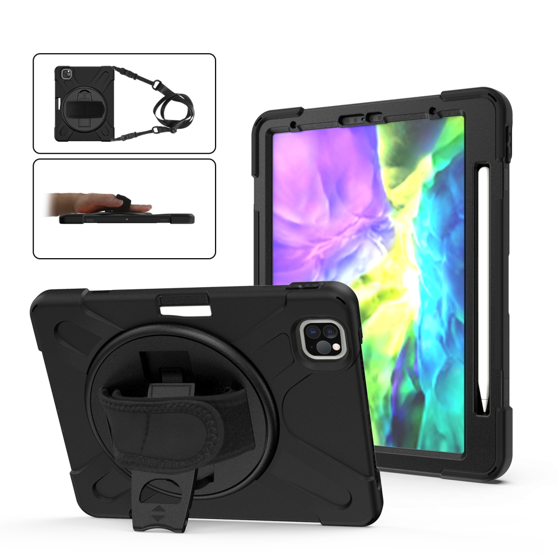 360 Degree Rotation Silicone Protective Cover with Holder & Hand Strap & Long Strap & Pencil Slot For iPad Air 10.9 / Pro 11 2021 / 2020 / 2018(Black)