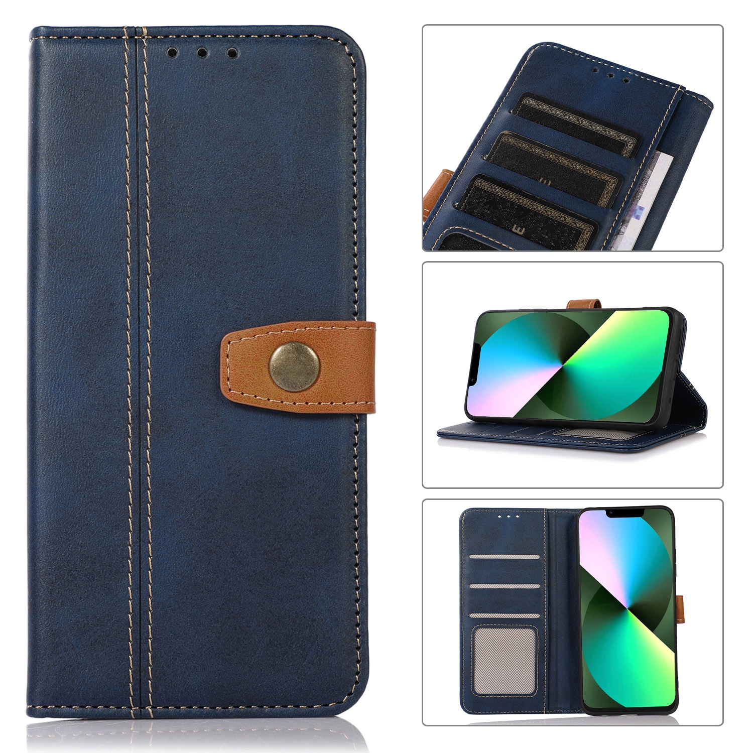 For iPhone 14 Stitching Thread Calf Texture Leather Phone Case (Blue) For iPhone 14 Stitching Thread Calf Texture Leather Phone Case (Blue)